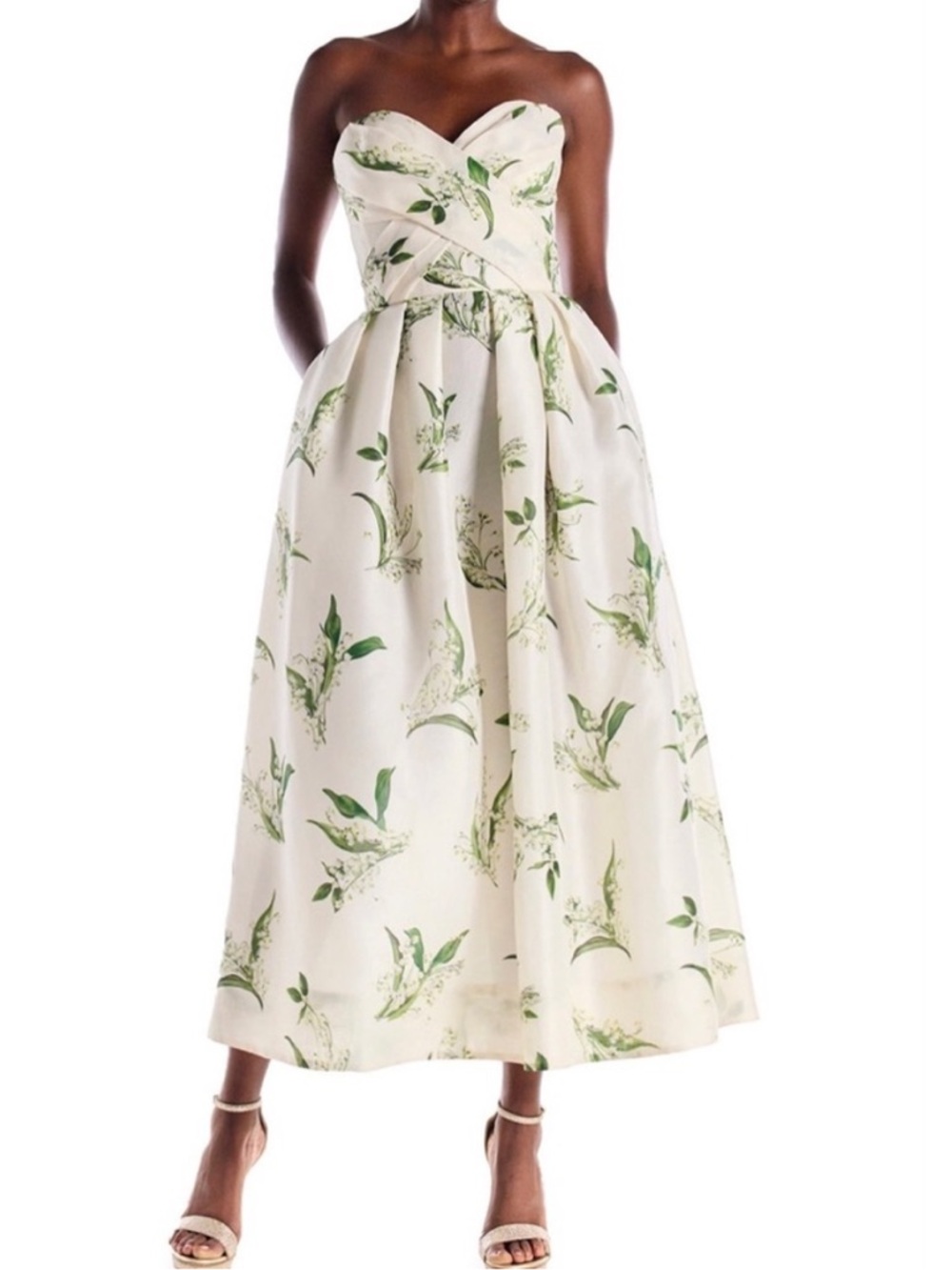 Strapless White Floral Midi Dress